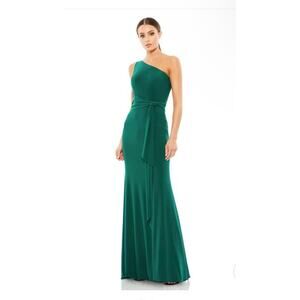 Mac Duggal NEW Sz 12 Emerald Green Jersey One Shoulder Belted Trumpet Gown 26581